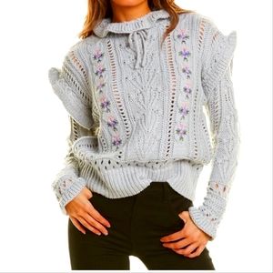 STELLAH Crochet Floral Bohemian Ruffles Tie Neck Sweater Pullover Large